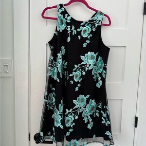 ECI - Dress with Floral Embroidery - Black and Teal